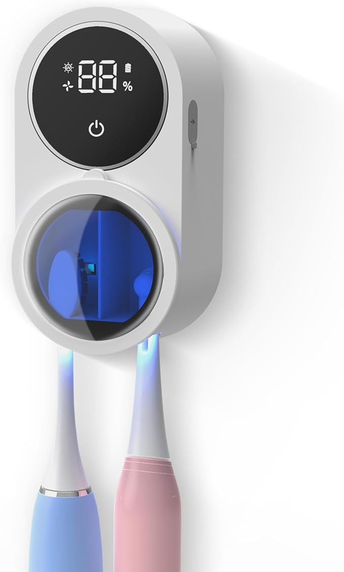 Biodzzs Toothbrush Holder and Cleaner for Bathroom Light Cleaning Fan Drying Round in Circle Automatic Rotating Cover Wall Mounted Smart Home Gadgets (01 White)