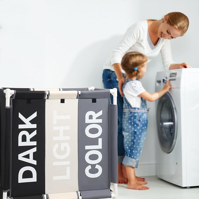 Laundry Basket 3 Section Freestanding Laundry Hamper Dirty Clothes Basket Sorter with Lid and Rolling Wheel, White+Dark+Grey