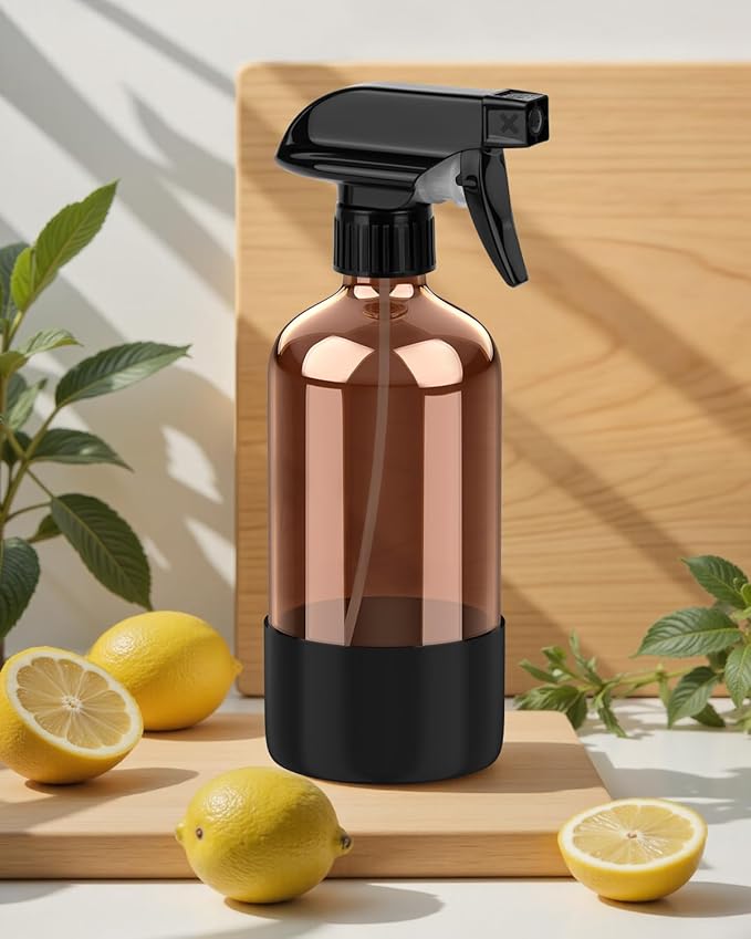 Amber Glass Spray Bottle with Silicone Sleeve Protection, 16 oz Refillable Spray Bottle for Cleaning Solutions, Plants, Aromatherapy, Facial Hydration (Black Sleeve(Amber Bottle)