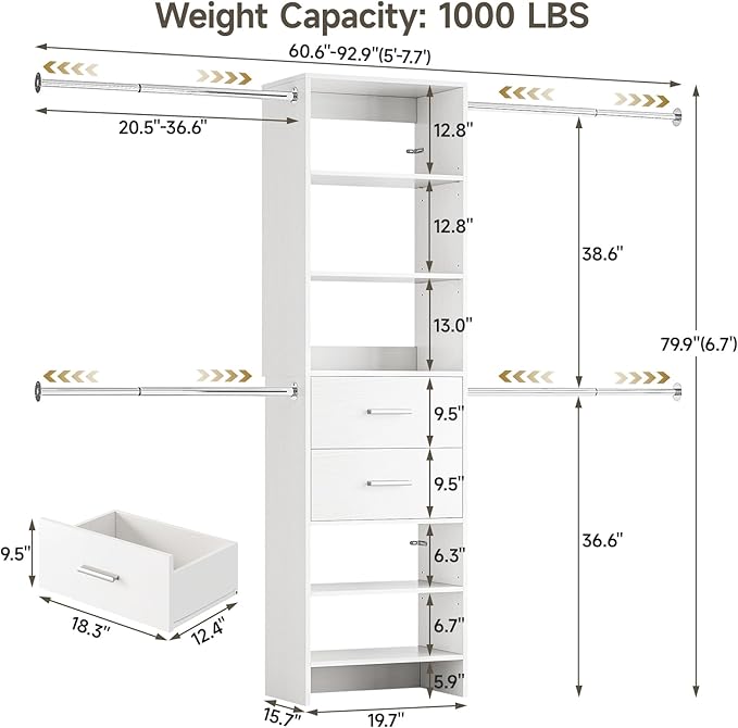 W2 Closet System with 2 Drawers, 3.5FT-7.7FT Closet Organizer System with 4 Chrome-Plated Telescopic Rods & 5 Adjustable Shelves, Custom Wood Walk-In Closet Clothing Rack, White
