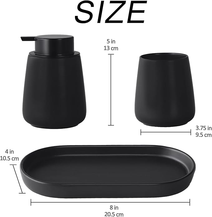 Matte Black Bathroom Accessory Set - 3pcs Ceramic Soap Dispenser Set Vanity Countertop Accessories Set, Includes Refillable Lotion Hand Soap Dispenser, Toothbrush Holder and Tray (Liquid Pump)
