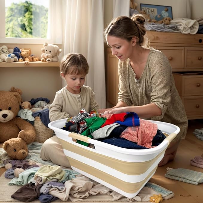 SAMMART 42 (11 Gallons) Collapsible Plastic Laundry Basket, Foldable Pop Up Storage Container/Organizer, Space Saving Hamper, Portable Bin for Dorm Room Bathroom (1, White/Beige)