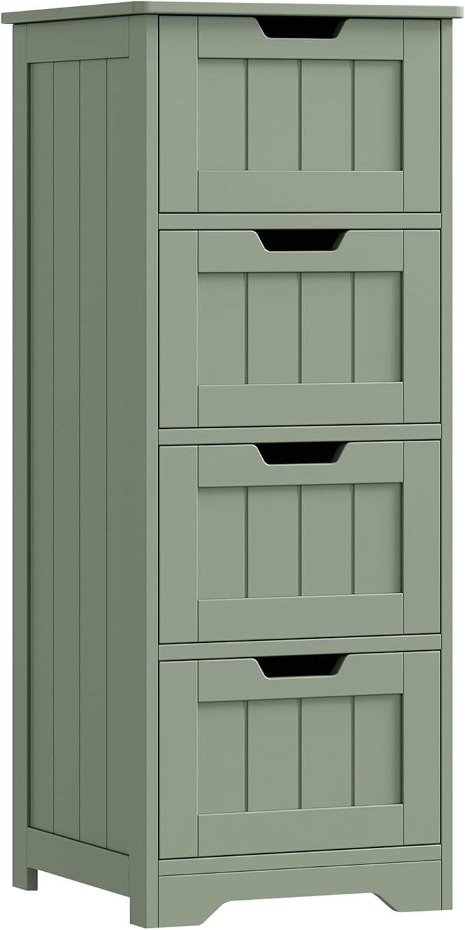 FOTOSOK Bathroom Storage Cabinet, Bathroom Cabinet with 4 Drawers, 11.8” x 11.8” x 32.5” Freestanding Entryway Cupboard Storage Organizer Unit Home Furniture Decor, Green