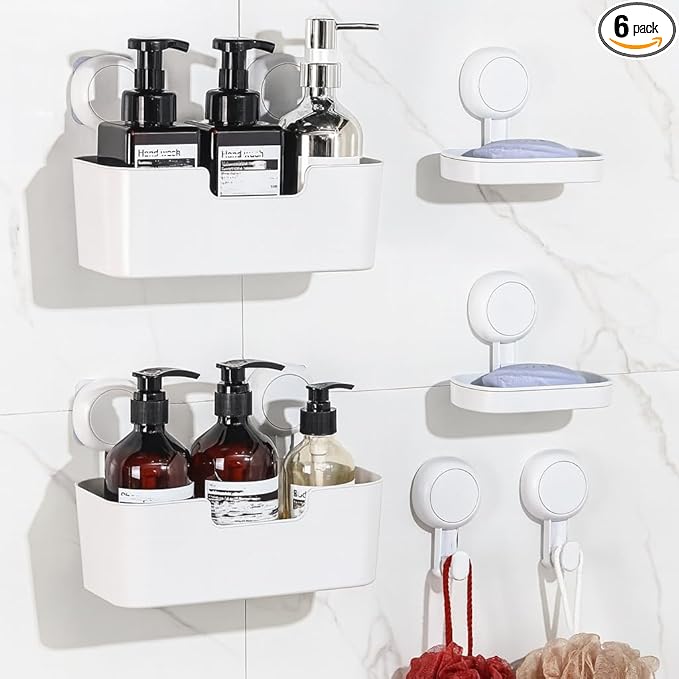 LALOBLUE Shower Caddy, Organizer Removable Bathroom Shelf, 6 Pack Adhesive Organizers and Storage with No Drilling Hanging Shower Shelf, Removable Plastic Bathroom Accessories, White