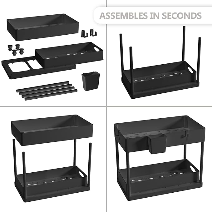 Hearth & Harbor 2-Pack Black Under Sink Organizers with Hanging Hooks and Non-Slip Rubber Legs