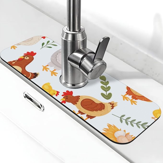 Faucet Draining Mat For Kitchen Sink, Cute Rooster Diatom Mud Absorbent Drain Pad For Bathroom Kitchen Sink Splash Guard Drying Mat