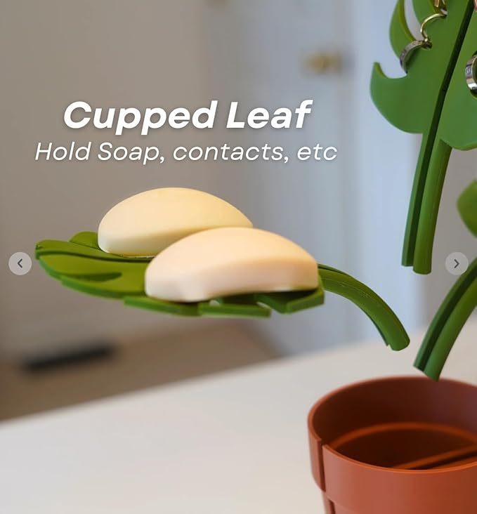 Artificial Monstera Leaf Mirror Plant Decor Set – Bathroom Toothbrush Holder Organizer – Faux Plant Pot with 3 Leaves – Home Countertop Decoration