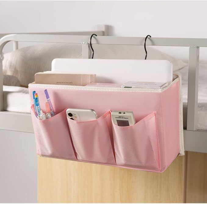 Bedside Caddy/Bedside Storage Organizer Hanging Bag with Three Options,Suitable for home beds, sofas, and dormitory beds—can hold magazines, books, phones, iPads, remote controls. (Pink)