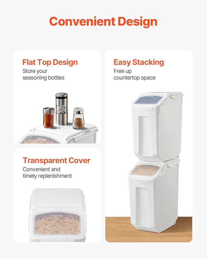VEVOR Rice Storage Container, 4.5Gallon/20L Capacity Large Dog Food Dispenser Bin, Kitchen Ingredient Grain Cereal Flour Bin, Pet food Containers with Wheels, Measuring Cup, Airtight Lid, 1 Pack