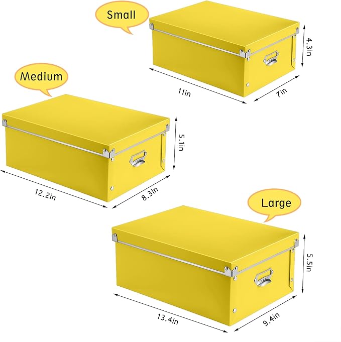 SEEKIND storage box with Lids,3 in 1 Set,Plastic,with Handles,Press-Stud Fastening,Moisture-proof,Foldable for Space Saving Storage,for Clothes,DVD,Blankets (Yellow) …