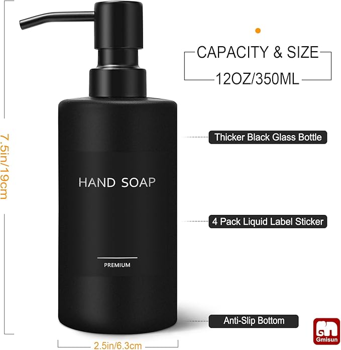 GMISUN Black Soap Dispenser, Hand Soap Dispenser Bathroom, Hand and Dish Dispenser Set for Kitchen, 12 fl oz/350ml Glass Liquid Soap and Lotion Dispensers with Stainless Steel Pump, 2 Pack Refillable