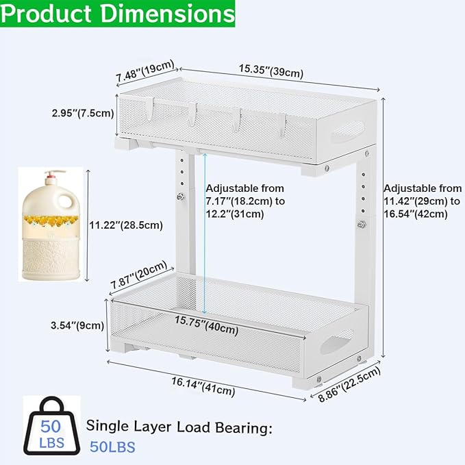 Under Sink Organizer 2 Tier, Pull Out Cabinet Storage with 5-Level Adjustable Height, Thickened Carbon Steel Sliding Under Cabinet Shelf for Kitchen, Bathroom, Laundry Room, White