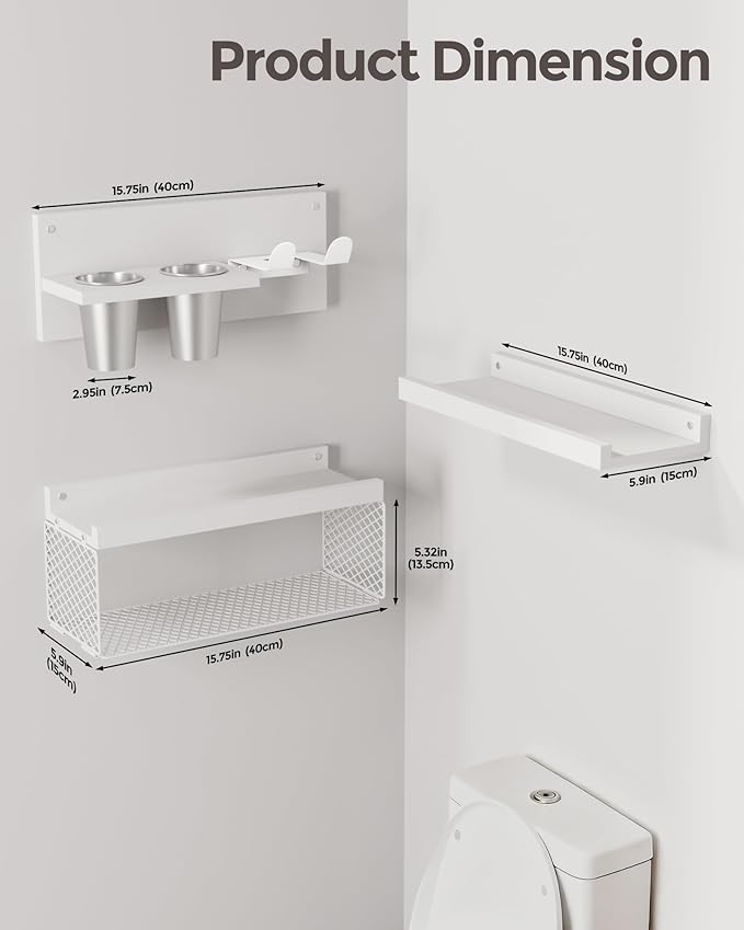 Puricon Floating Bathroom Shelves with Hair Dryer Holder, 3-Tier Rustic Wood Wall Mounted Organizers Set, Space Saving Over-Toilet Storage and Home Decor Hanging Rack -White