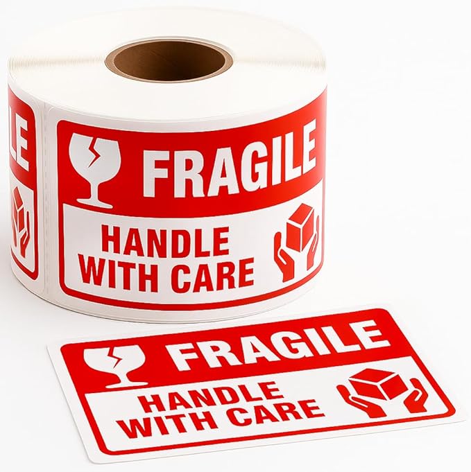 Fragile Stickers 3 x 2 Inch – Waterproof Handle with Care Labels for Shipping and Moving - 500 Strong Adhesive Stickers per Roll