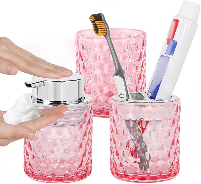 Bathroom Accessories Set, 3pcs Pink Glass Bathroom Accessory Set,Toothbrush Holder, Foaming Soap Dispenser and Tumbler, Silver Bathroom Decor Sets for Organizer, Home Apartment Gift
