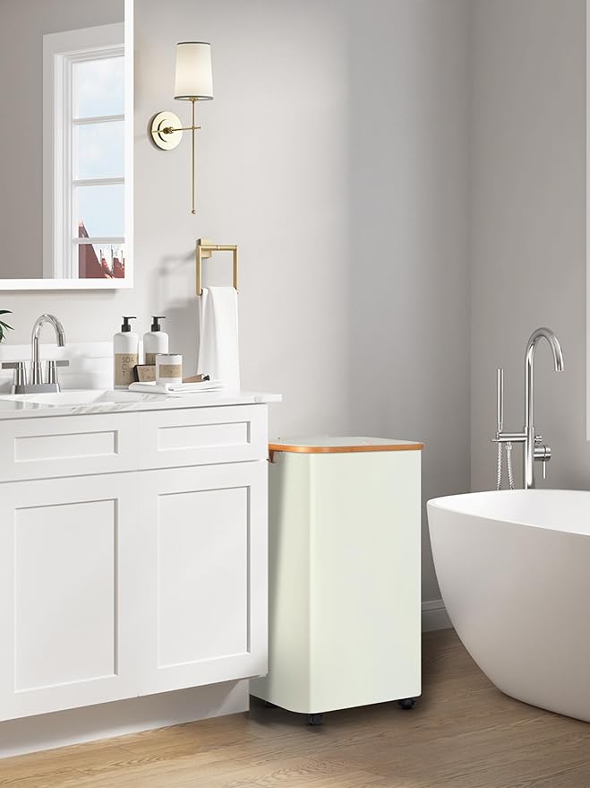 efluky Slim Laundry Basket with Wheels, Narrow Rolling Laundry Hamper with Lid and Removable Bag, Tall Aesthetic Dirty Clothes Hamper on Wheels for Laundry Room, Bedroom, Dorm and Bathroom, 100L Beige
