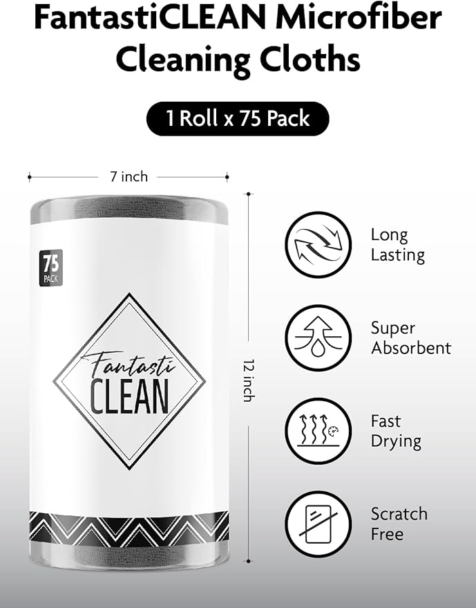 Fantasticlean Microfiber Cleaning Cloth Roll -75 Pack, Tear Away Microfiber Towels, 12" x 12", Reusable, Washable, Scratch Free, Ultra Absorbent for All-Around Cleaning Supplies (DimGray)