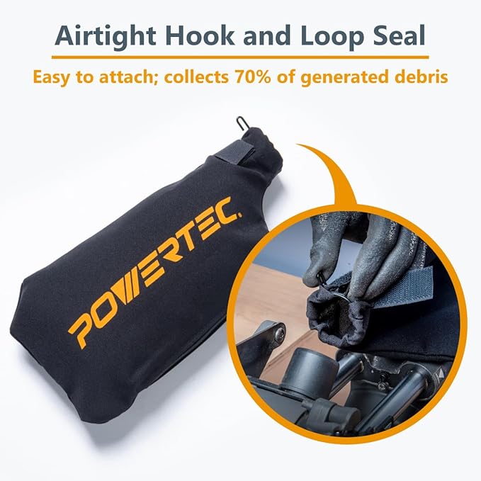 POWERTEC Miter Saw Dust Collector Bag for 10", 12" Miter Saw, Fits Nominal 2-1/2" Dust Ports, Hook and Loop Dust Bag w/Zipper and Wired Adjustable Stand for Belt Sander, 2PK (75075-P2)