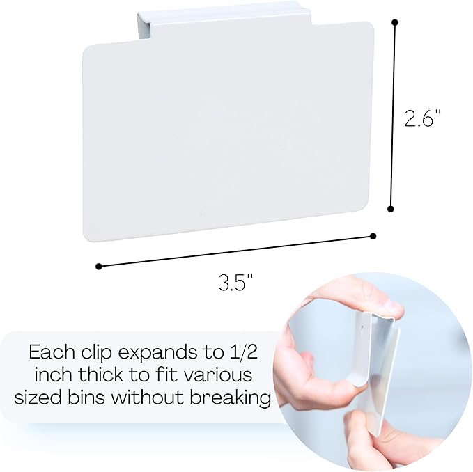 Hygge & Sage: Metal Non-Slip Basket Labels Clip On for Storage Bins, or Wire Racks | Includes 8 Labels, 8 Non-Slip Pads, and 1 Free Marker (White)