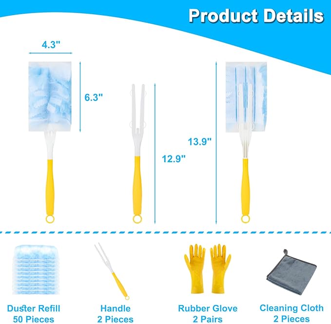 Duster Refill for Cleaning with 2 Handles, Heavy Duty Disposable Duster Kit Unscented Replacement Head Dust Removal Brush for Electronics, Furniture, Blinds, Ceiling Fans, Walls (50pack)