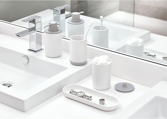 iDesign Toothbrush Holder for Normal Toothbrushes, Spin Brushes, and Toothpaste, The Cade Collection - 3" x 3" x 4. 5", White/Gray