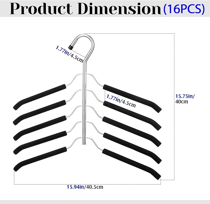 Ripeng 16 Pcs Multi Layer Clothes Hangers 5 in 1 Sweater Shirt Hanger for Shirts Space Saving Anti Slip Metal Heavy Duty Stainless Steel Blouse Tree Hangers for Suit Closet Organizer and Storage Black