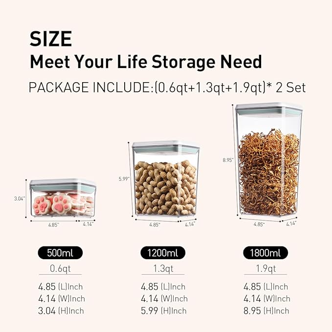 EQI Pop Food Storage Containers Set, 6Pcs Airtight Containers with Lids for Kitchen Pantry Organizers and Storage,One Button Opening BPA-Free Food Containers for Cereal Flour Sugar(0.6, 1.3, 1.9Qt)*2