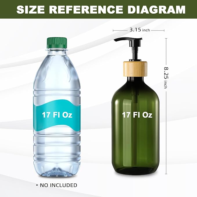 Green Soap Dispenser, Plastic Bathroom Soap and Lotion Dispenser Set with Bamboo Pump, 2 Pack 17 Fl Oz Hand and Dish Soap Dispensers Set for Bathroom, Refillable Liquid Soap Bottles