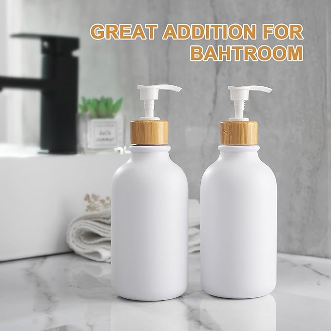 White Soap Dispenser, 2 Pack Plastic Bathroom Hand Soap and Lotion Dispenser Set with Bamboo Pump, 17 Fl Oz Hand and Dish Soap Dispensers Set for Kitchen, Refillable Liquid Soap Bottles