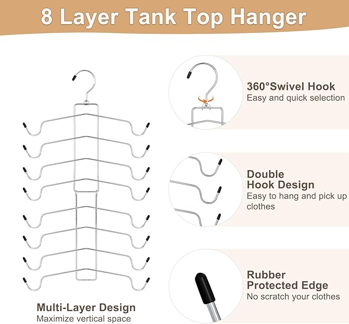 TOPIA HANGER 2 Pack Tank Top Hanger, 8 Layers Bra Hanger Space Saving, Sport Yoga Bras Holder, Closet Organizers and Storage for Camisoles Tank Tops Sports Yoga Bras Swimsuits, Silver CT79B