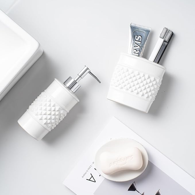 3-Piece White Ceramic Bathroom Accessories Set - Luxurious Soap Dispenser, Toothbrush Holder & Soap Dish with Modern Geo Embossed Design for Bathroom Accessory Set