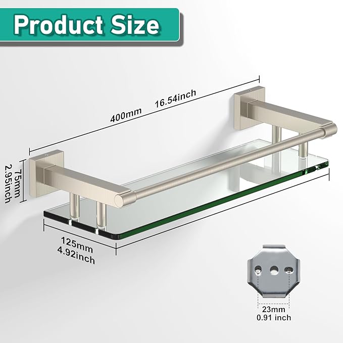 SFGSOWOR Glass Shelves for Bathroom, 16IN Brushed Nickel Bathroom Shelves for Wall Rectangular Stainless Steel Tempered Glass Modern use for Shelf Sink Over Toilet