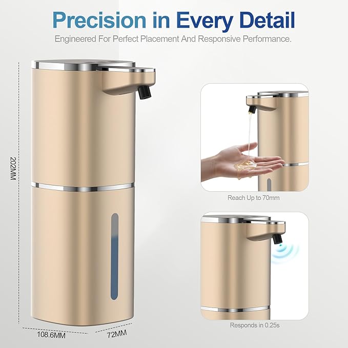 Automatic Liquid Soap Dispenser, 9 Adjustable Levels, 380ml/12.8oz, Touchless Hand Soap or Dish Soap Dispenser,IR Sensor & Display,Wall-Mount or Tabletop Use for Bathroom Kitchen (Gold)