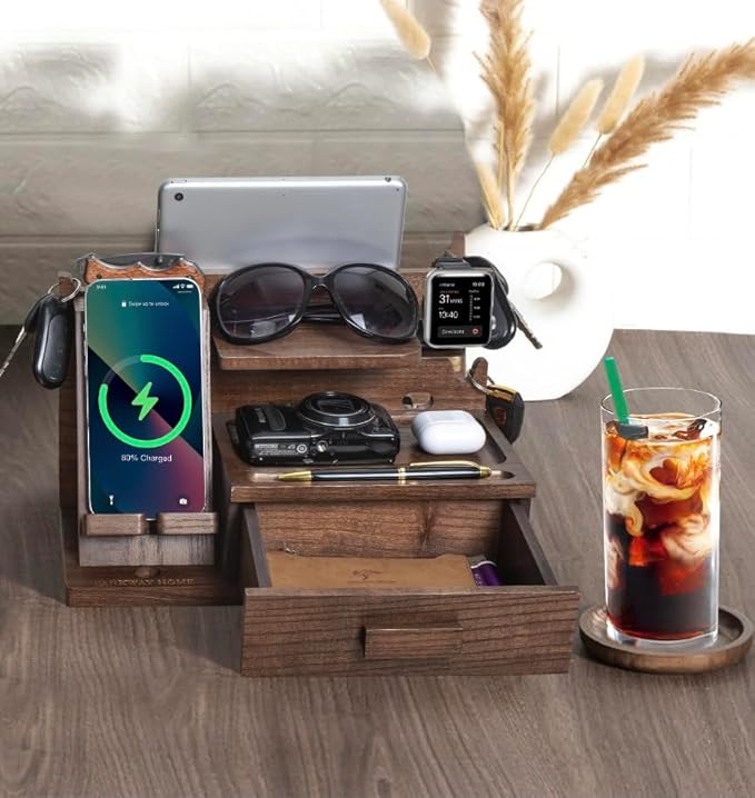 Parkway Home Wood Phone Docking Station with Drawer, Compatible with Apple Watch - Wood Charging Station Organizer Stand, Bedside Nightstand Organizer for Men, Holds Phone, Tablet, Keys, Glasses, EDC
