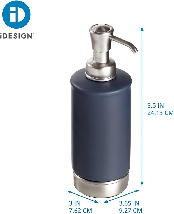 iDesign Hand Soap Dispenser for Bathroom or Kitchen - Refillable Soap Pump Bottle - Navy Blue/Brushed Nickel