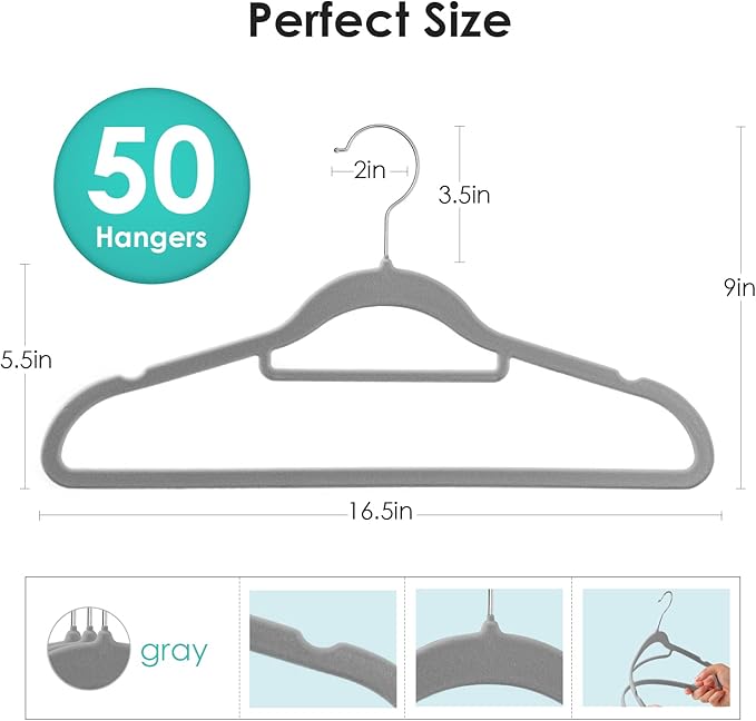 Velvet Hangers Non Slip Felt Hangers, 50 Pack Grey Velvet Clothes Hangers Space Saving Slim with 360 Degree Swivel Hook for Suits Coats, Jackets, Pants, and Dress Clothes