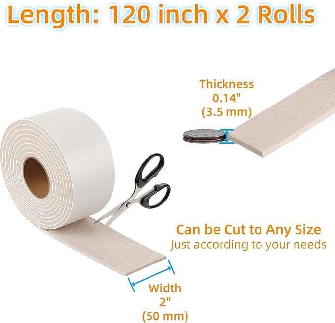 Felt Strips with Adhesive Backing – Furnigear Heavy Duty Cuttable Felt Tape Roll Furniture Pads for Chair Legs - Protecting Hardwood Floors, Chair Wall Protector (Beige, 120 x 2 x 0.14 Inch)