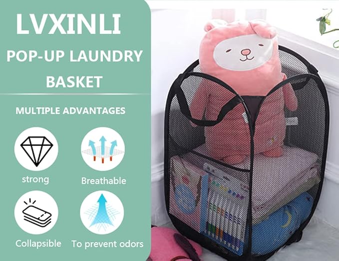 2 Pack Laundry Basket,Foldable Mesh Pop-up Laundry Hamper with Durable Handle,Easy to Open and Fold for Dorm, Laundry Room, Bedroom, RV (Black and blue)