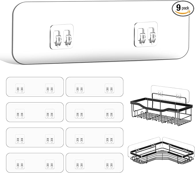 HAOBAOBEI 9-Pack Shower Caddy Adhesive Replacement, Transparent Adhesive Hooks Stickers, Strong Hook Strip for Shower Caddy Basket Shelf, Soap Holder, Bathroom Storage Corner Shelves, Kitchen Racks