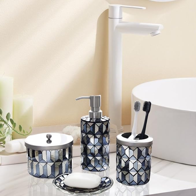 Escenzy Modern Black Gold Bathroom Accessories Sets 4 Pcs | Luxurious Soap Dispenser, Toothbrush Holder, Cotton Glass Jar, Small Tray | Black Gold Bathroom Decor | Mosaic Glass Bathroom Accessories