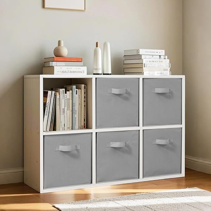 Easi 11 inch Cube Storage Bins, 4 Storage Cube Organizer, Collapsible Fabric storage cubes with Handles, Closet Storage Basket For Organization, Shelf Basket For Shelves Clothes Books, Gray