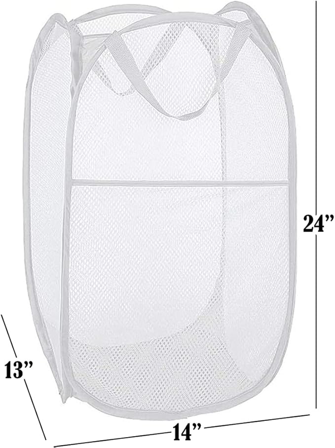 BATTOO Deluxe Strong Mesh Pop up Laundry Hamper Basket with Side Pocket for Laundry Room, Bathroom, Kids Room, College Dorm or Travel White