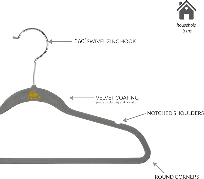 Simplify 25 Pack Kids Velvet Hangers | Slim | Non-Slip Design | Space Saving | Childrens Clothes | Shirts | Pants | Dresses | Baby Nursery | Closet Storage & Organization | Light Grey