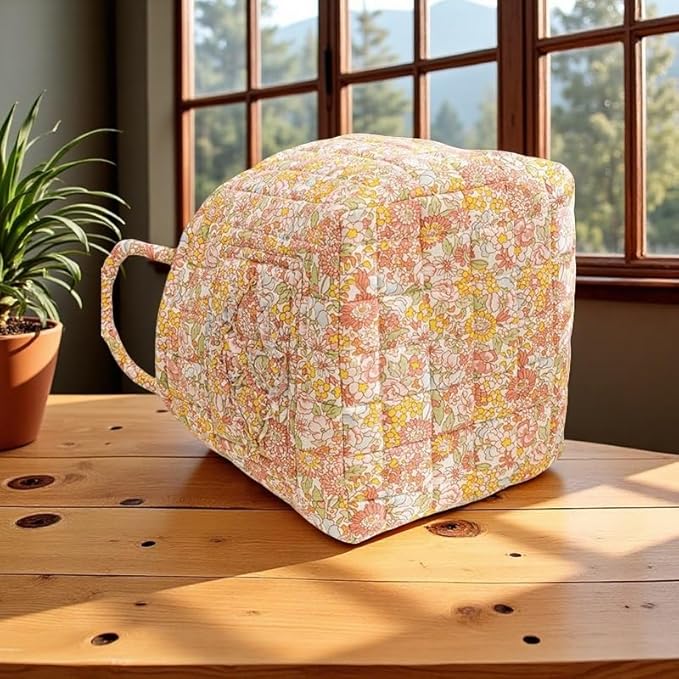 Quilted Fabric Storage Basket with Handles – Boho Foldable Floral Organizer Bin for Home, Picnic, Shopping, Travel 13"x11"x10" (Rose Cream)