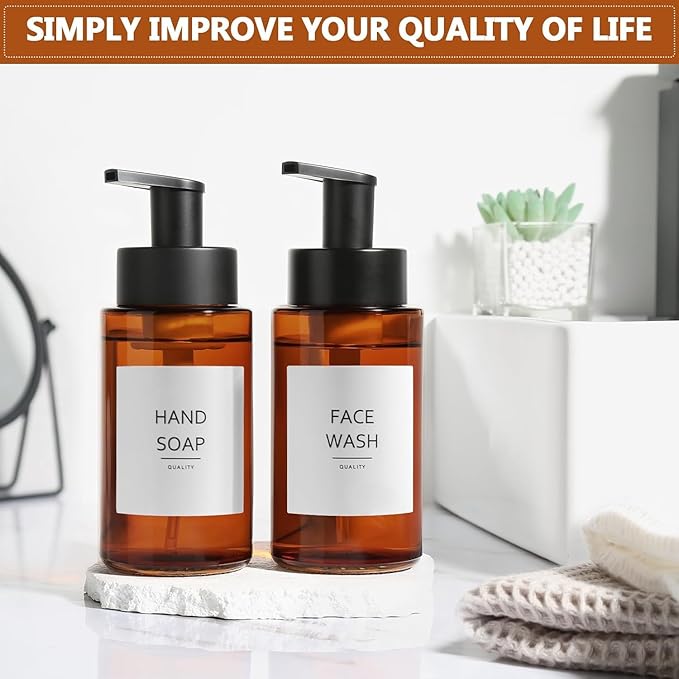 Amber Foam Soap Dispenser, 10 oz/300ml Glass Foaming Soap Dispenser, 2 Pcs Foaming Hand Dispenser for Bathroom & Kitchen, Refillable Bottle with Waterproof Labels