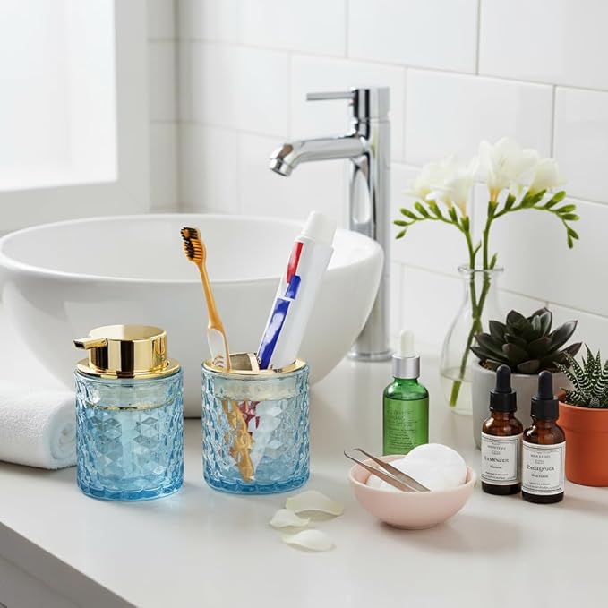 Bathroom Accessories 2 Piece Set Glass Soap Dispenser and Toothbrush Holder, 10oz Foaming Soap Dispenser, Blue Toothbrush and Toothpaste Holder Organizer Cup for Modern Bathroom Decor