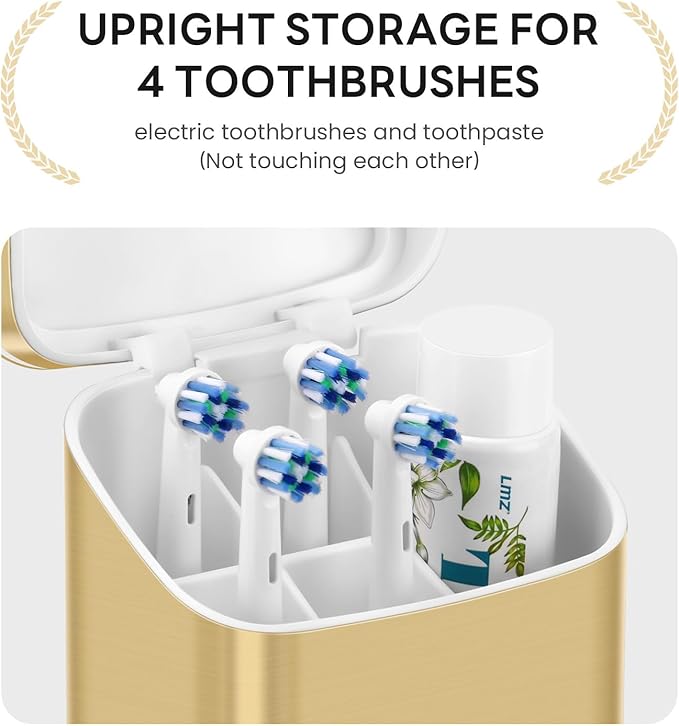 GFWARE Toothbrush Holders with Cover - Electric Toothbrush Length Less Than 9 inches, 5 Slots Tooth Brush Holder for Bathroom, Detachable Toothpaste Holder Bathroom Organizers with Drainage, Gold