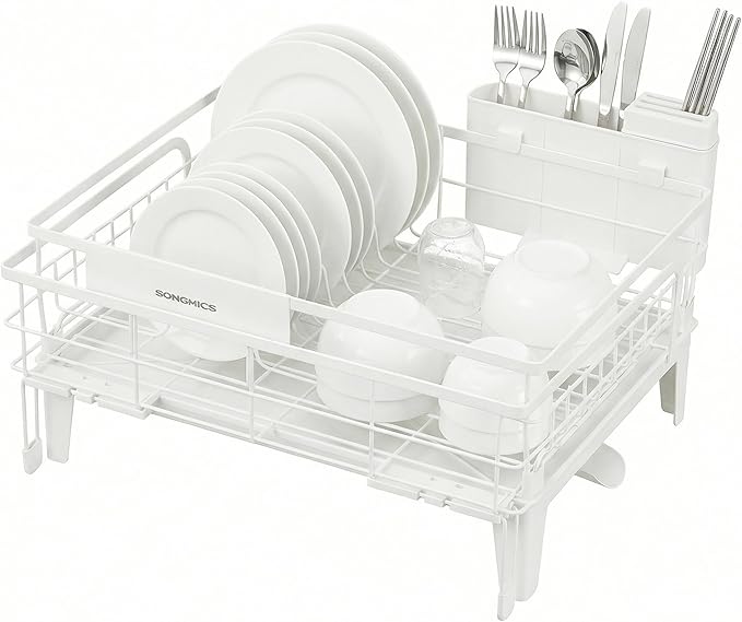 SONGMICS Dish Drying Rack, Kitchen Dish Rack with Drainboard, 360° Rotatable and Extendable Spout, with Cutlery Holder, (12.2-22) x 16.5 x 7.9 Inches, Matte White UKCS552W01