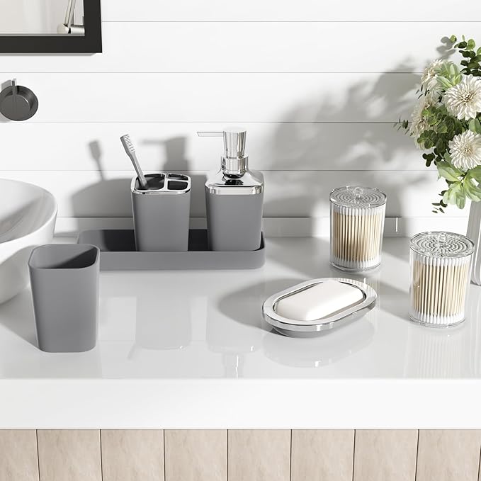 Grey Bathroom Accessories Sets Complete, 9-Piece Bathroom Accessories with Trash Can, Vanity Tray, Soap Dispenser, Soap Dish, Toothbrush Holder, Toothbrush Cup, Toilet Brush and Qtip Holders