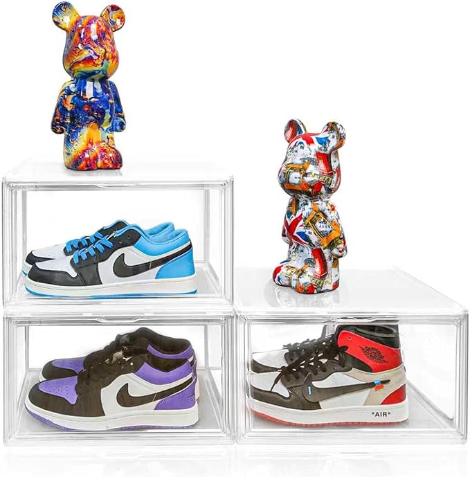 EDS FAM 1 Pack Plastic Shoe Storage Box with Magnetic Acrylic Door Size 12.5, Transparent Sneaker Boxes Shoe Display Case Shoe Rack Substitute Closet Organizers Storage Bins, Easy Assembly